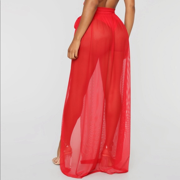 Red Mesh Sheer Wrap Skirt Swim Cover Up - Picture 3 of 6